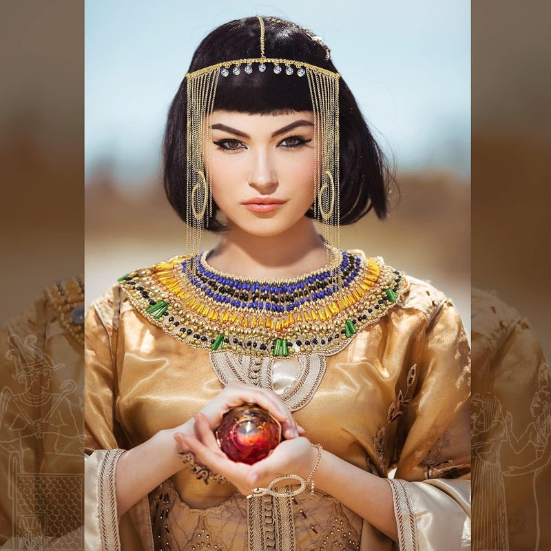 Excefore 5 Pieces Egyptian Headpiece Costume, Included Tassel Head Chain Gold Snake Armband Finger Ring Bracelet Earring Necklace,Suitable for Party Costume for Women, 1 - Image 5