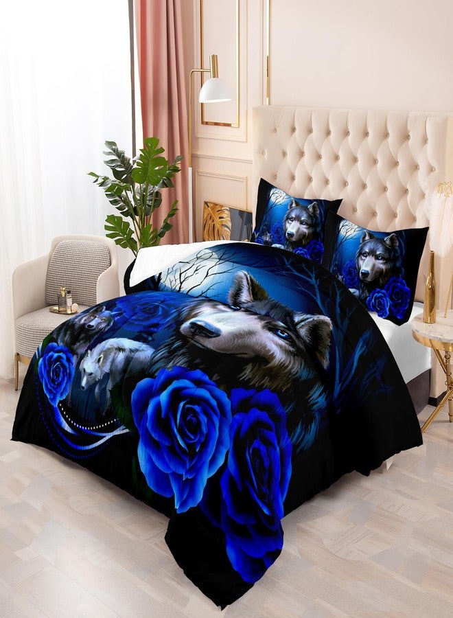 Tuzaovy Wolf Bedding Set King Size,Blue Rose King Size Comforter Set,King Size Wolf Comforter Bed Set,King Quilt Bedding Set Rose,Wolf Bedding Set King Size,King Size Animal Print Comforter Set - Image 4