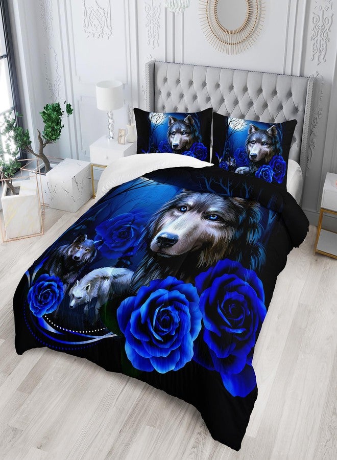 Tuzaovy Wolf Bedding Set King Size,Blue Rose King Size Comforter Set,King Size Wolf Comforter Bed Set,King Quilt Bedding Set Rose,Wolf Bedding Set King Size,King Size Animal Print Comforter Set - Image 2