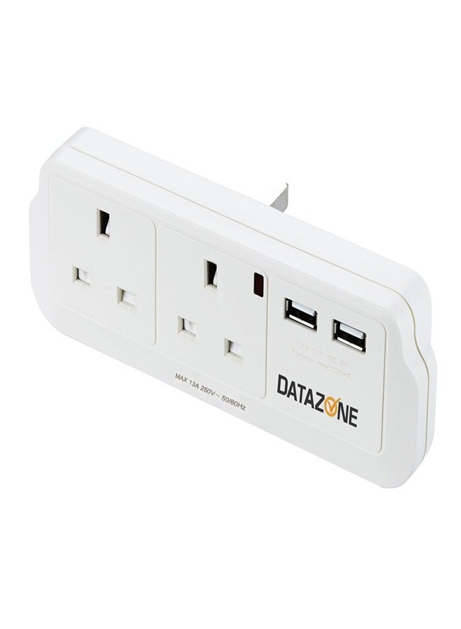 Datazone DZ-PS-02 Power Socket Adapter 2 Way With 2 USB White 15cm - Image 1