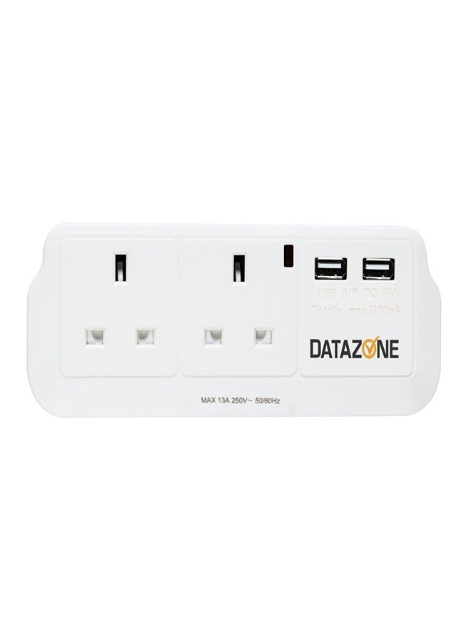 Datazone DZ-PS-02 Power Socket Adapter 2 Way With 2 USB White 15cm - Image 2