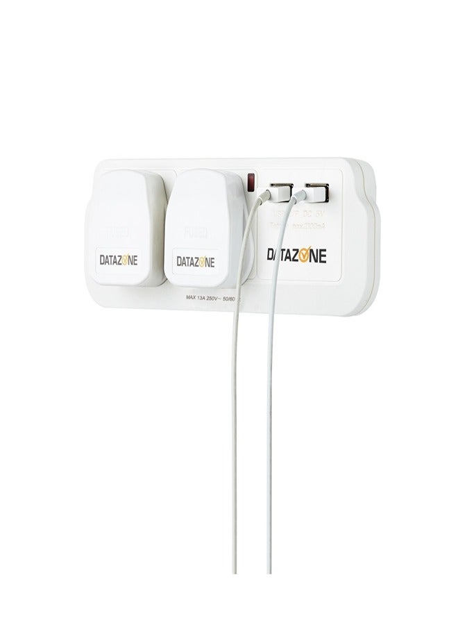 Datazone DZ-PS-02 Power Socket Adapter 2 Way With 2 USB White 15cm - Image 3