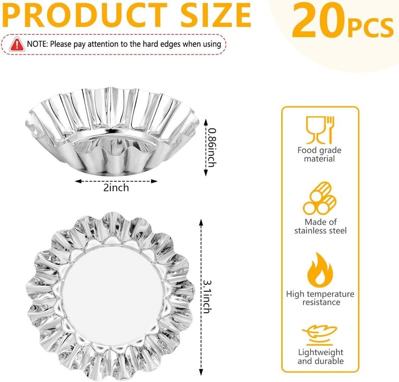 OBTANIM 20 Pcs Stainless Steel Mini Tart/Pie Pans, 3 Inch Small Tart/Pie Pan Portuguese Tart Baking Mold Mini Tart/Pie Tins for Baking Supplies - Image 2