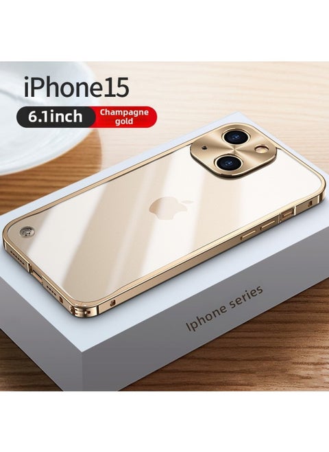 Mobile Phone Case For Iphone 14 For Iphone12promax Metal Frame 13 Transparent 11 Frosted Back Cover-Color:Spring Buckle [champagne Gold] Translucent Frosted Back Plate-Applicable Model:For Iphone 15 Pro Max