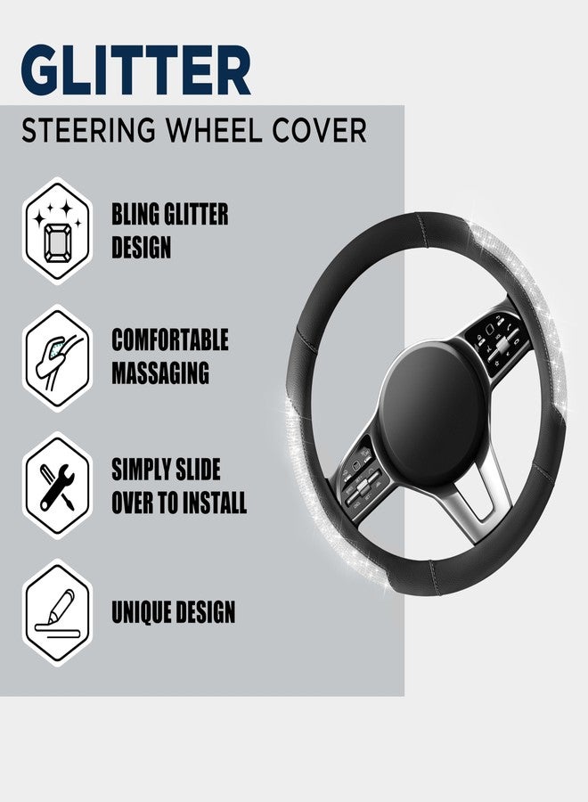 PIC AUTO Steering Wheel Cover, Sparkly Crystal Bling Glitter with Black Leather, Universal Fit for 14.5"-15" Car Wheels for Girls & Women Universal Fit for Automotive SUV, Sedan, Van - Image 3