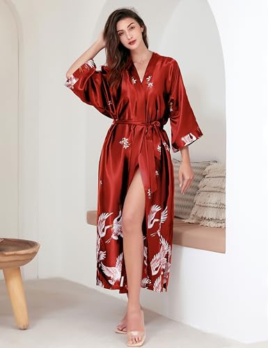 PRODESIGN Long Kimono Robe Satin Sleepwear Blouse Bathrobe Nightgown Silky Crane Kimono Cardigan Robe - Image 5