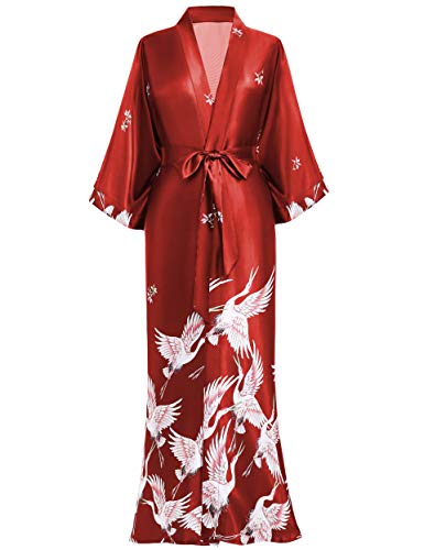 PRODESIGN Long Kimono Robe Satin Sleepwear Blouse Bathrobe Nightgown Silky Crane Kimono Cardigan Robe - Image 1