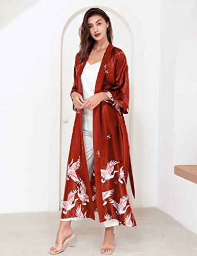 PRODESIGN Long Kimono Robe Satin Sleepwear Blouse Bathrobe Nightgown Silky Crane Kimono Cardigan Robe - Image 4