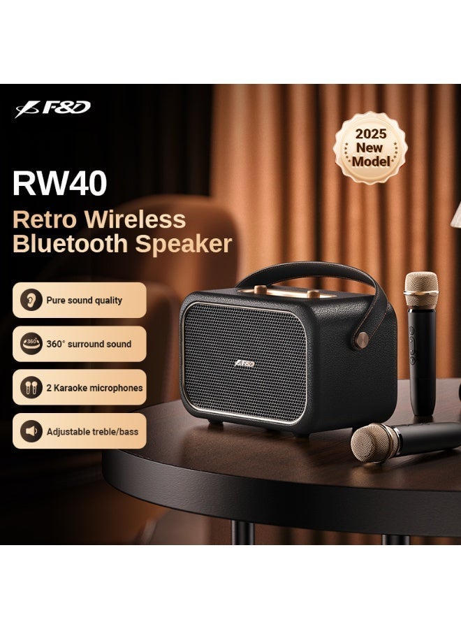 F&D RW40 Portable Bluetooth Speaker with Wireless Microphone,Deep Bass and 360°Surround Sound, Rich Balanced Audio,APP Control,BT/AUX/USB Input Support,20H Playtime, Bluetooth 5.3 for Home Party - Image 2