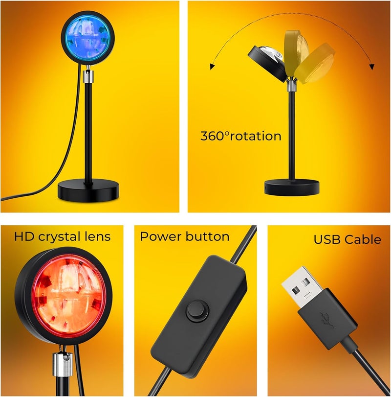 4 Color Sunset Lamp Projector - 360° Swivel Mood Adjustable Sunset Projection Lamp for Bedroom Decor - USB-Powered Night Light Projector for Ambient Lighting, Photography, Live Streaming - Image 3