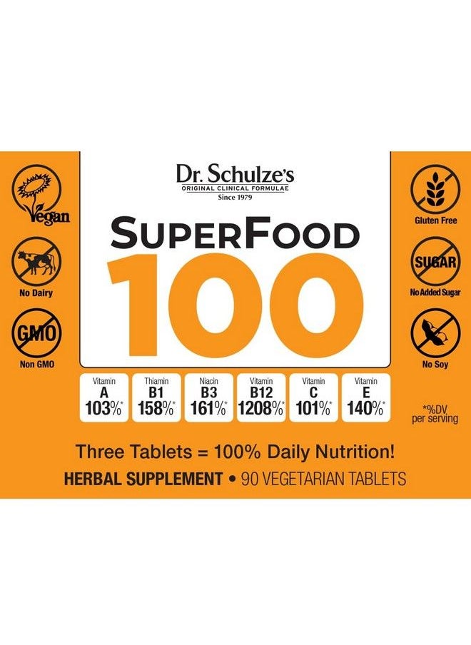 Dr. Schulze's - Dr. Schulze’S ; Superfood 100 ; Vitamin & Mineral Herbal Concentrate ; Dietary Supplement ; Daily Nutrition & Increased Energy ; Glutenfree & Nongmo ; Vegan & Organic ; 90 Tabs ; Packaging May Vary - Image 1