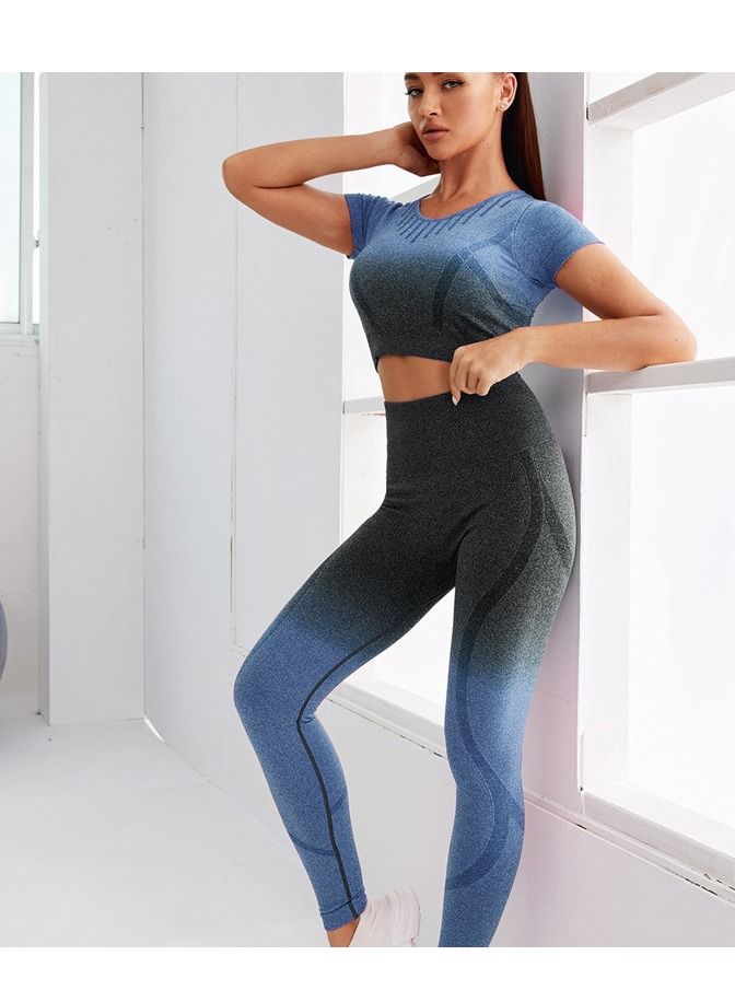 Loquat Women's Fashion Casual Short-sleeved Seamless Suit Gradient Color Tie Dye Printed High Waist Yoga Shorts Tracksuit Sets 