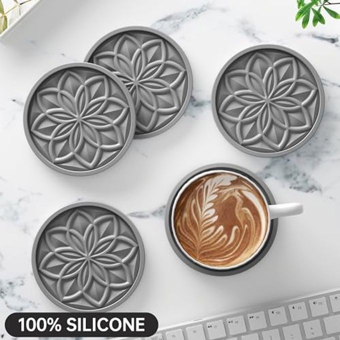HFHOME Silicone Coasters Set, 4 Pcs Drink Coasters for Coffee Table, Bar Tabletop Protection Dark Gray - Image 5