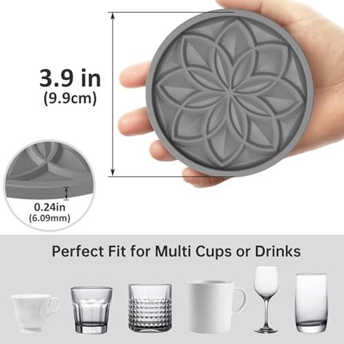 HFHOME Silicone Coasters Set, 4 Pcs Drink Coasters for Coffee Table, Bar Tabletop Protection Dark Gray - Image 3