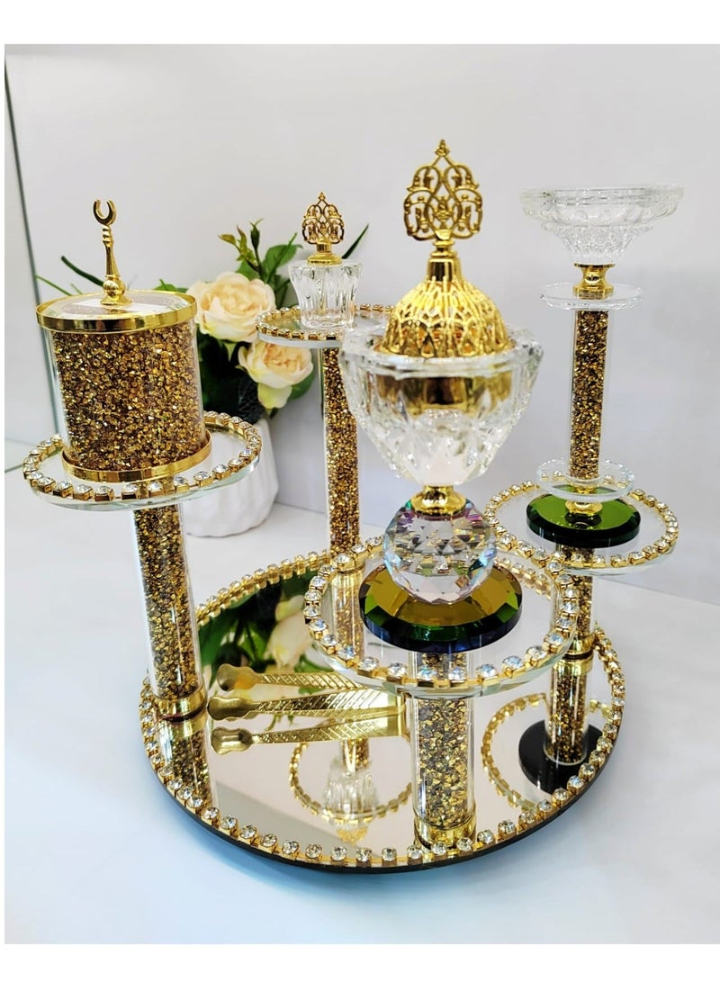 Damanhoor Crystal Incense Bakhoor Burner 6-Piece Gift Set – Elegant Oud Burner with Moving Stand, Storage Bowl, Candle Stand, Oil Perfume Bottle, Safety Tongs & Charcoal Tool - Image 1