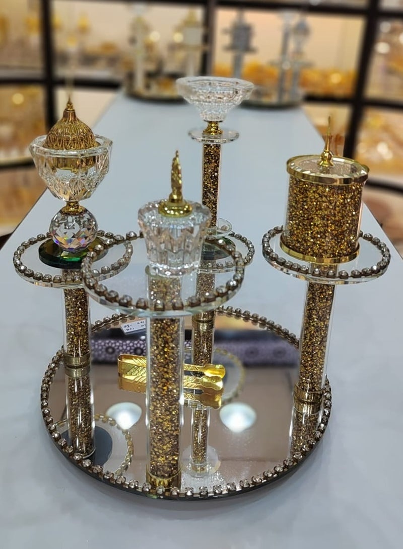 Damanhoor Crystal Incense Bakhoor Burner 6-Piece Gift Set – Elegant Oud Burner with Moving Stand, Storage Bowl, Candle Stand, Oil Perfume Bottle, Safety Tongs & Charcoal Tool - Image 2