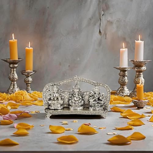 Lavanaya Silver –Silver Plated Laxmi Ganesh Saraswati Idol Statue with Silver Finish-Decorative God Idol with Velvet Gift Box | Ideal for Home Temple, Pooja Room, Housewarming, Diwali - Image 2