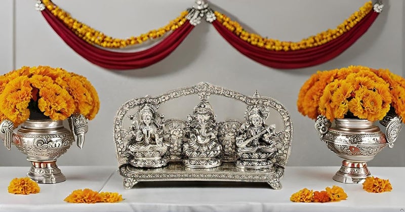 Lavanaya Silver –Silver Plated Laxmi Ganesh Saraswati Idol Statue with Silver Finish-Decorative God Idol with Velvet Gift Box | Ideal for Home Temple, Pooja Room, Housewarming, Diwali - Image 5