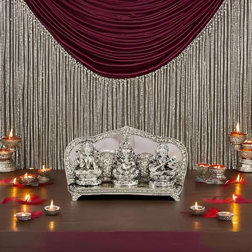 Lavanaya Silver –Silver Plated Laxmi Ganesh Saraswati Idol Statue with Silver Finish-Decorative God Idol with Velvet Gift Box | Ideal for Home Temple, Pooja Room, Housewarming, Diwali - Image 4