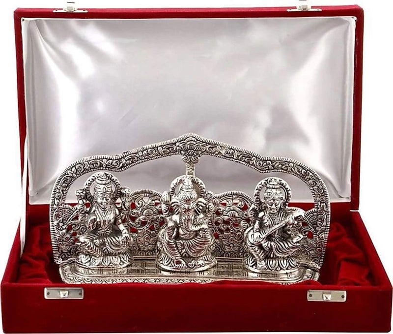 Lavanaya Silver –Silver Plated Laxmi Ganesh Saraswati Idol Statue with Silver Finish-Decorative God Idol with Velvet Gift Box | Ideal for Home Temple, Pooja Room, Housewarming, Diwali - Image 1