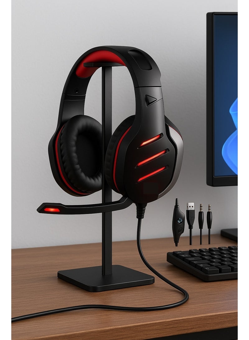 GS800 Wired Gaming Headset with Built-in Microphone and LED Lights – Powerful Stereo Sound with USB and 3.5mm Input – Red and Black Color - Image 5
