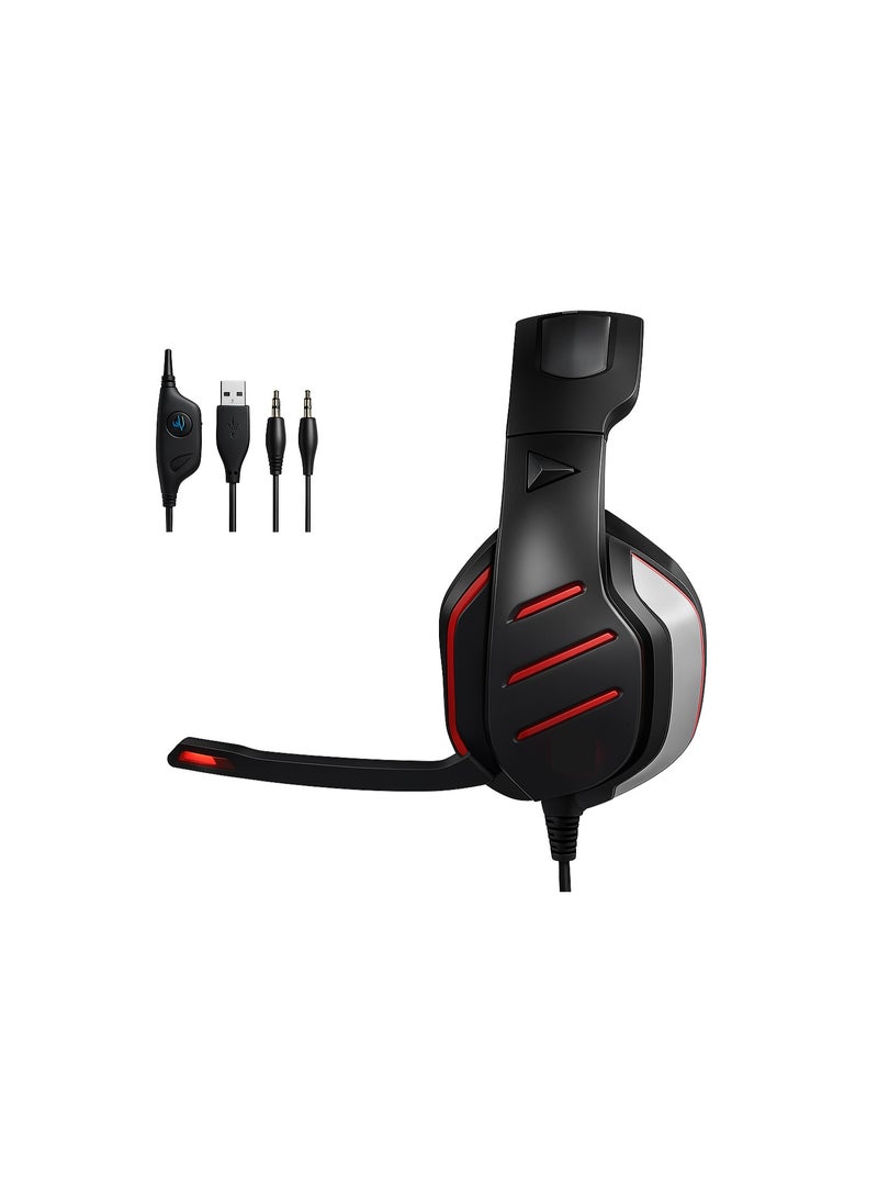 GS800 Wired Gaming Headset with Built-in Microphone and LED Lights – Powerful Stereo Sound with USB and 3.5mm Input – Red and Black Color - Image 2