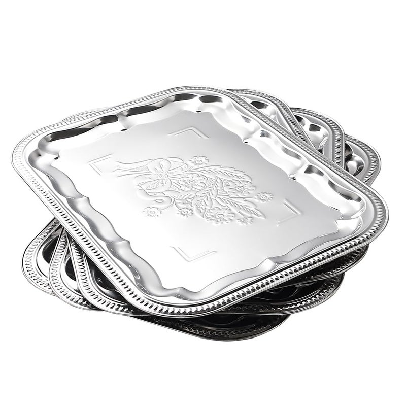 ZENOVLUX 4-Pack 15.7" x 11.8" Silver Serving Trays for Party Set - Floral Engraved Serving Platters, Wedding Birthday Mirror Tray for Valentine's Day, Food, Appetizer, Charcuterie, Cookies, Desserts - Image 1