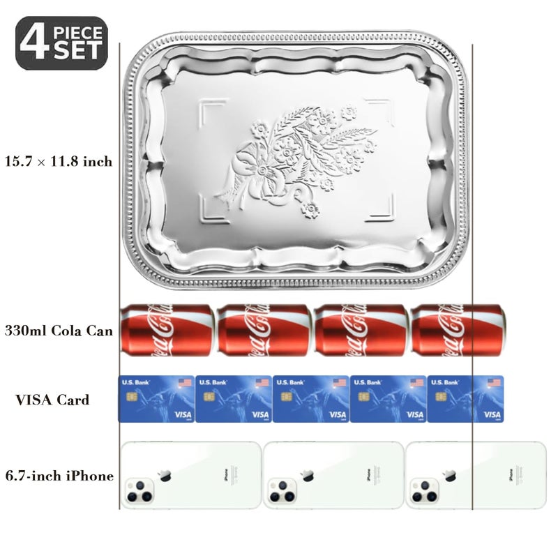 ZENOVLUX 4-Pack 15.7" x 11.8" Silver Serving Trays for Party Set - Floral Engraved Serving Platters, Wedding Birthday Mirror Tray for Valentine's Day, Food, Appetizer, Charcuterie, Cookies, Desserts - Image 3