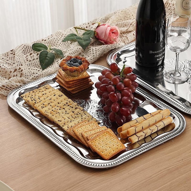 ZENOVLUX 4-Pack 15.7" x 11.8" Silver Serving Trays for Party Set - Floral Engraved Serving Platters, Wedding Birthday Mirror Tray for Valentine's Day, Food, Appetizer, Charcuterie, Cookies, Desserts - Image 4