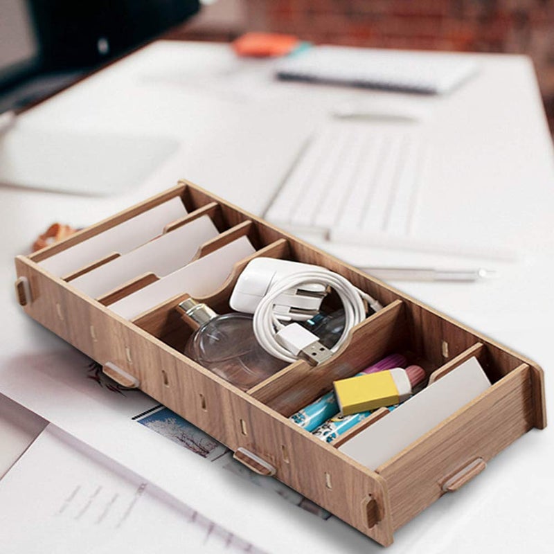 Wooden Business Card Storage Box With Adjustable Grids Office Desk Organizer Cherry Color - Image 3