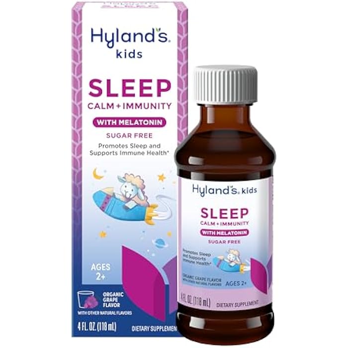 Hyland's هايلاندز كيدز سليب هادئ ومناعة مع الميلاتونين، سائل مساعد للنوم خالٍ من السكر مع المغنيسيوم، فيتامين د، الزنك والتوت البري، يعزز النوم ويدعم صحة المناعة، للأعمار 2+، بنكهة العنب، 4 أوقية سائلة - Image 1