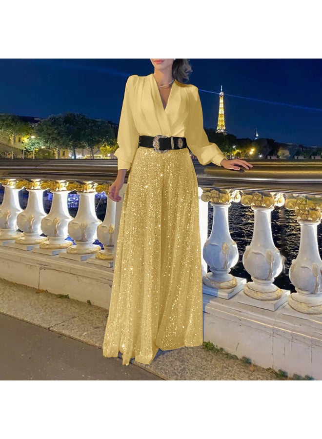 Women's European And American New Fashion V-neck Long Sleeve Shirt Elegant Sequin Wide Leg Jumpsuit