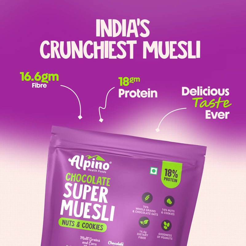 ALPINO Protein-Rich Super Muesli Chocolate 400g - 61% Whole Grains, 14% Nuts & Cookies - 17% Protein, Source of Dietary Fibre & Healthy Fats - Image 4