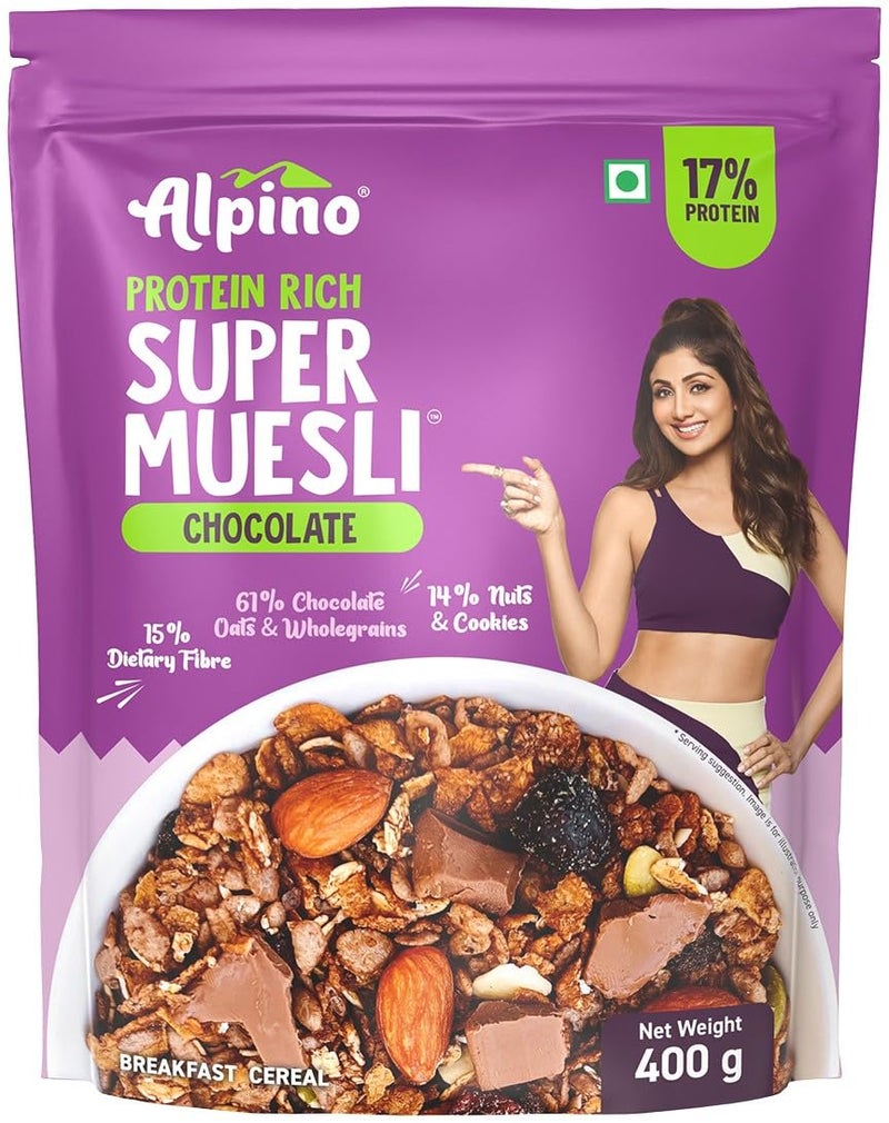 ALPINO Protein-Rich Super Muesli Chocolate 400g - 61% Whole Grains, 14% Nuts & Cookies - 17% Protein, Source of Dietary Fibre & Healthy Fats - Image 1