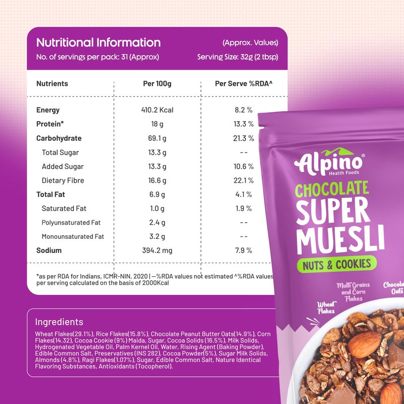 ALPINO Protein-Rich Super Muesli Chocolate 400g - 61% Whole Grains, 14% Nuts & Cookies - 17% Protein, Source of Dietary Fibre & Healthy Fats - Image 2