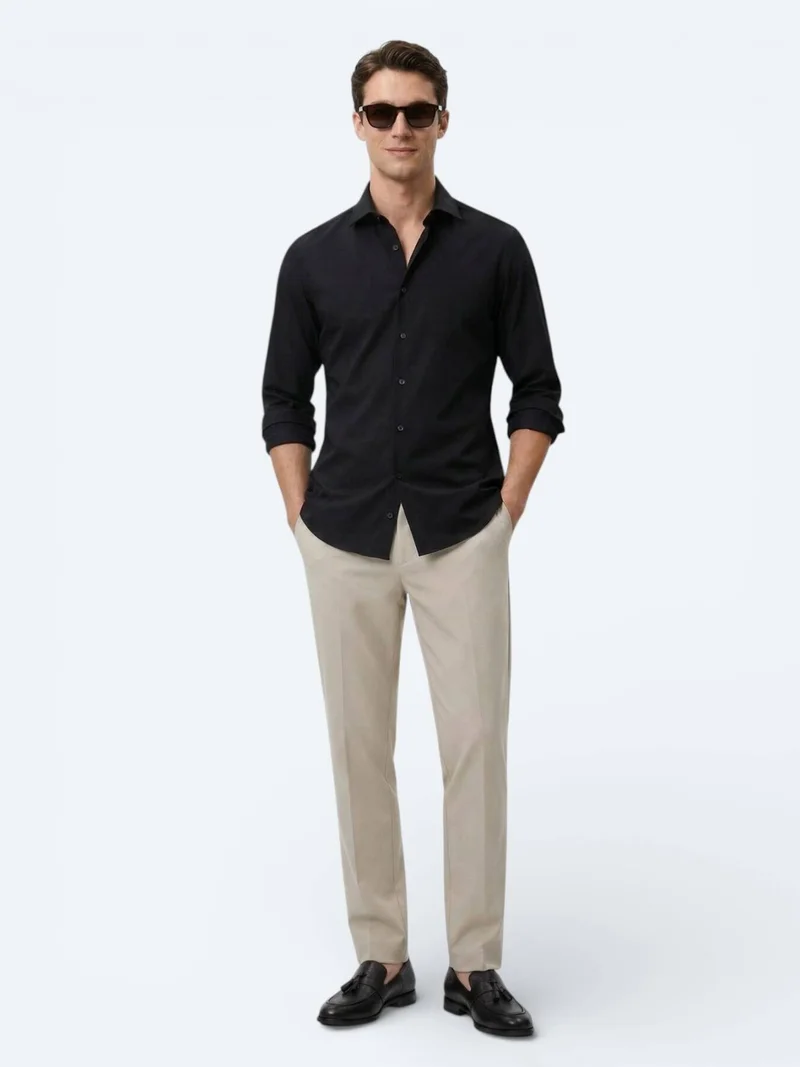 Kip Black Plain Slim Fit Long Weaving Classical Cotton Blended Shirt