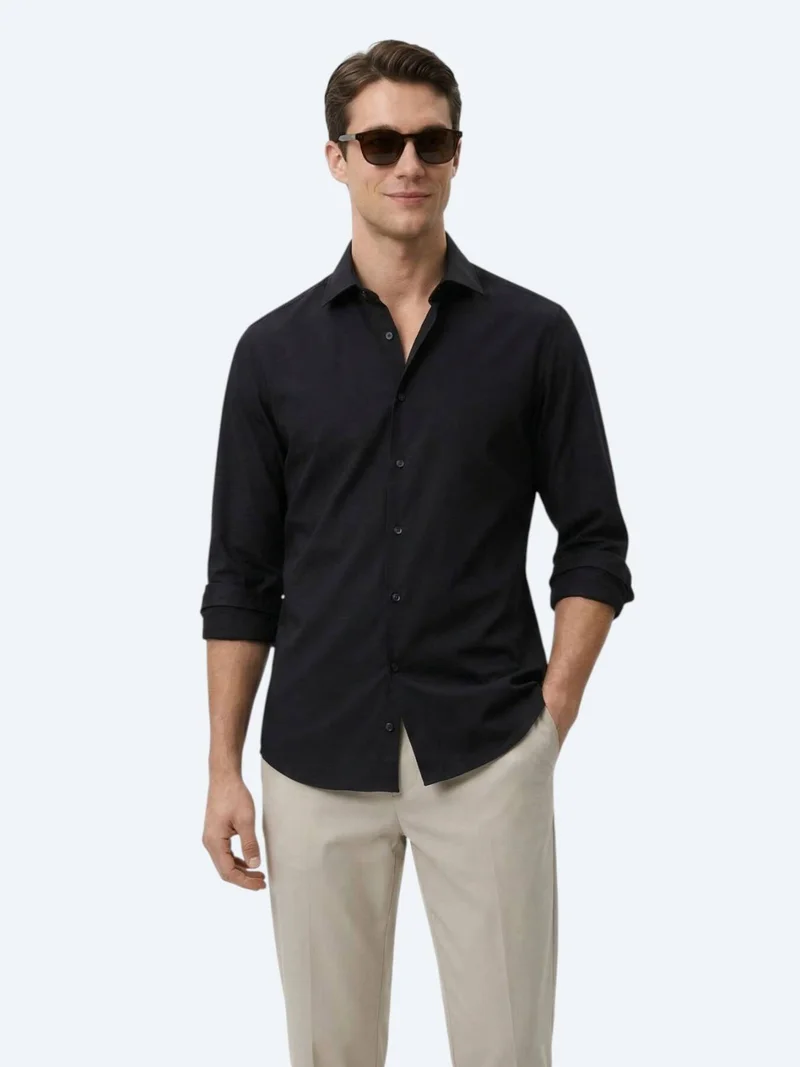 Kip Black Plain Slim Fit Long Weaving Classical Cotton Blended Shirt