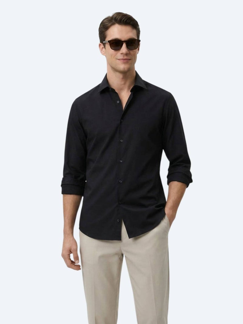 Kip Black Plain Slim Fit Long Weaving Classical Cotton Blended Shirt - Image 1
