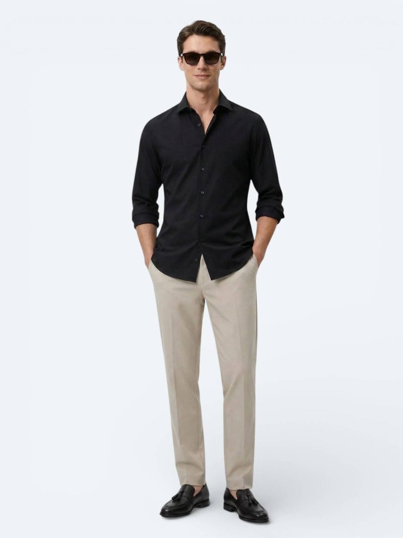 Kip Black Plain Slim Fit Long Weaving Classical Cotton Blended Shirt - Image 3