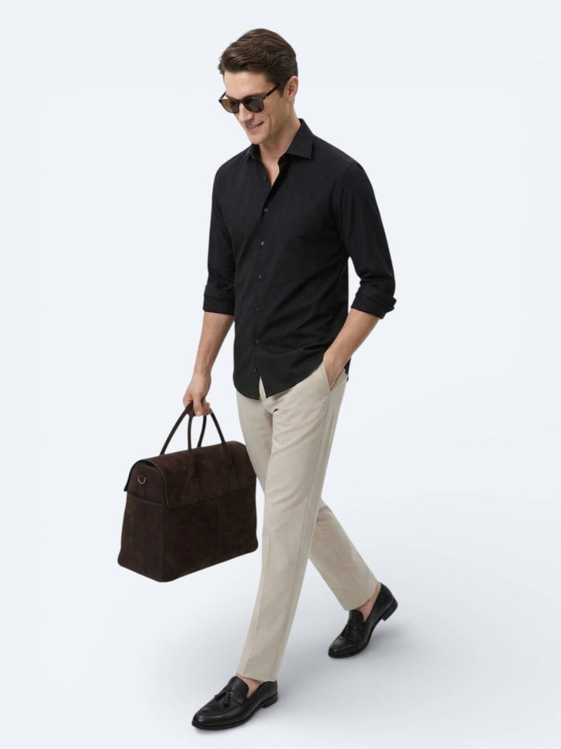 Kip Black Plain Slim Fit Long Weaving Classical Cotton Blended Shirt - Image 4
