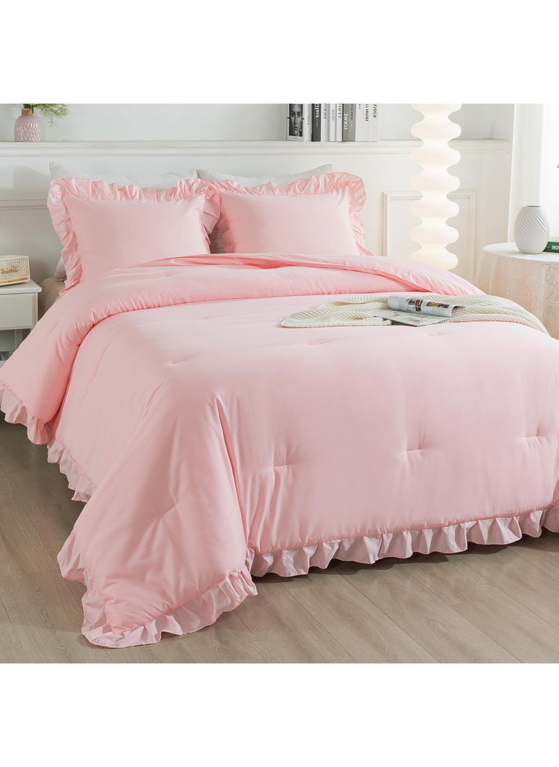 Andency Andency Pink Comforter Set Full  3 Pieces Lightweight Soft Rustic Pink Ruffle Comforter Women Girls  Solid Farmhouse Shabby Chic Microfiber Bedding Comforter Set  - Image 1