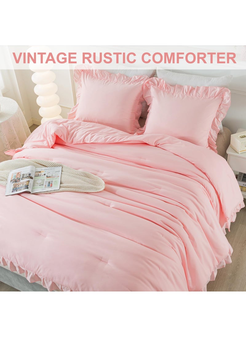 Andency Andency Pink Comforter Set Full  3 Pieces Lightweight Soft Rustic Pink Ruffle Comforter Women Girls  Solid Farmhouse Shabby Chic Microfiber Bedding Comforter Set  - Image 3