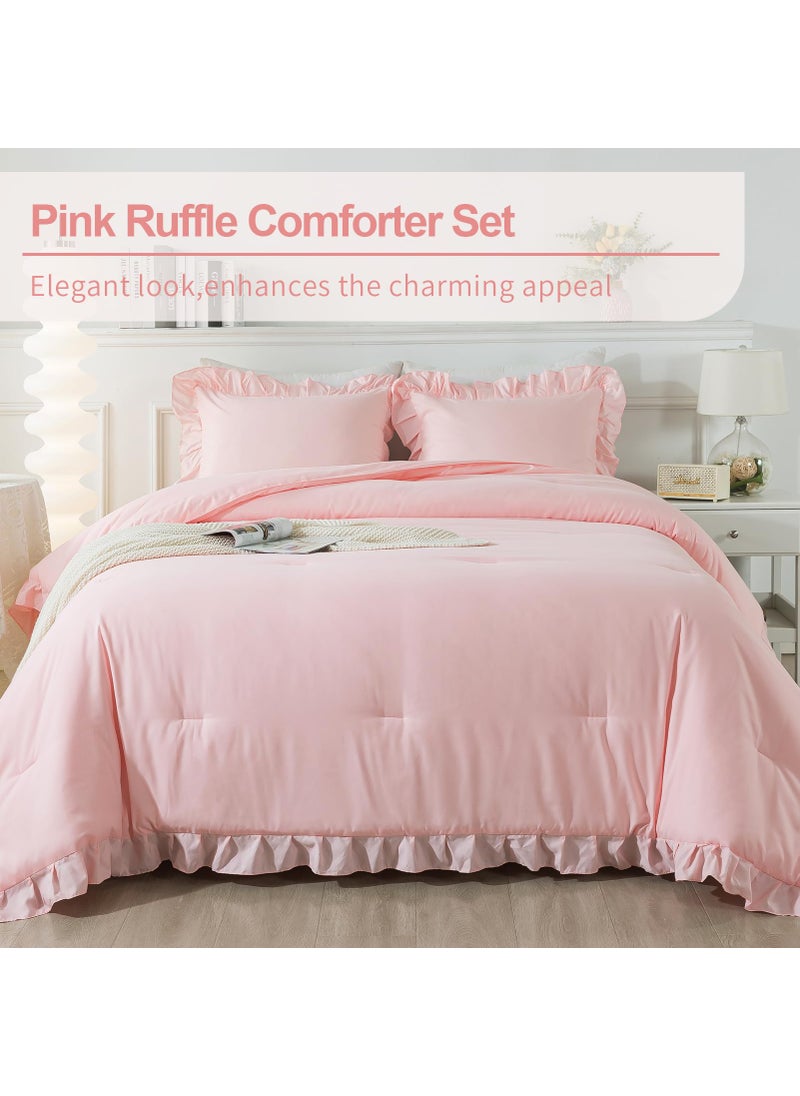 Andency Andency Pink Comforter Set Full  3 Pieces Lightweight Soft Rustic Pink Ruffle Comforter Women Girls  Solid Farmhouse Shabby Chic Microfiber Bedding Comforter Set  - Image 2