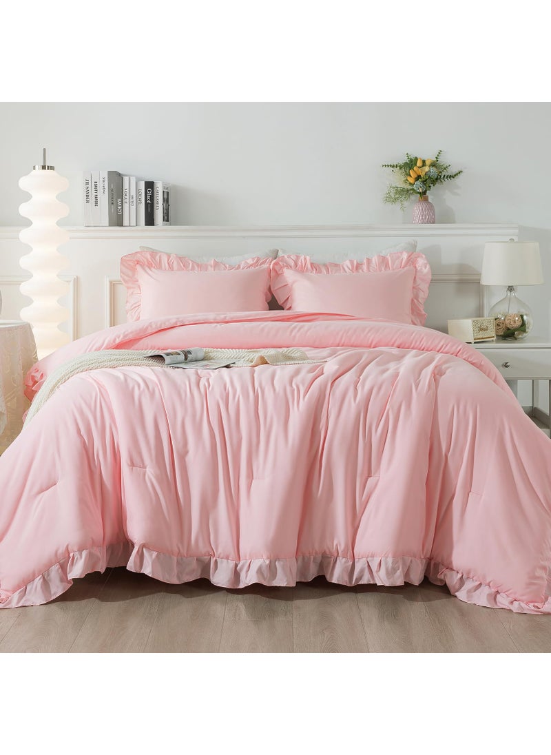 Andency Andency Pink Comforter Set Full  3 Pieces Lightweight Soft Rustic Pink Ruffle Comforter Women Girls  Solid Farmhouse Shabby Chic Microfiber Bedding Comforter Set  - Image 5