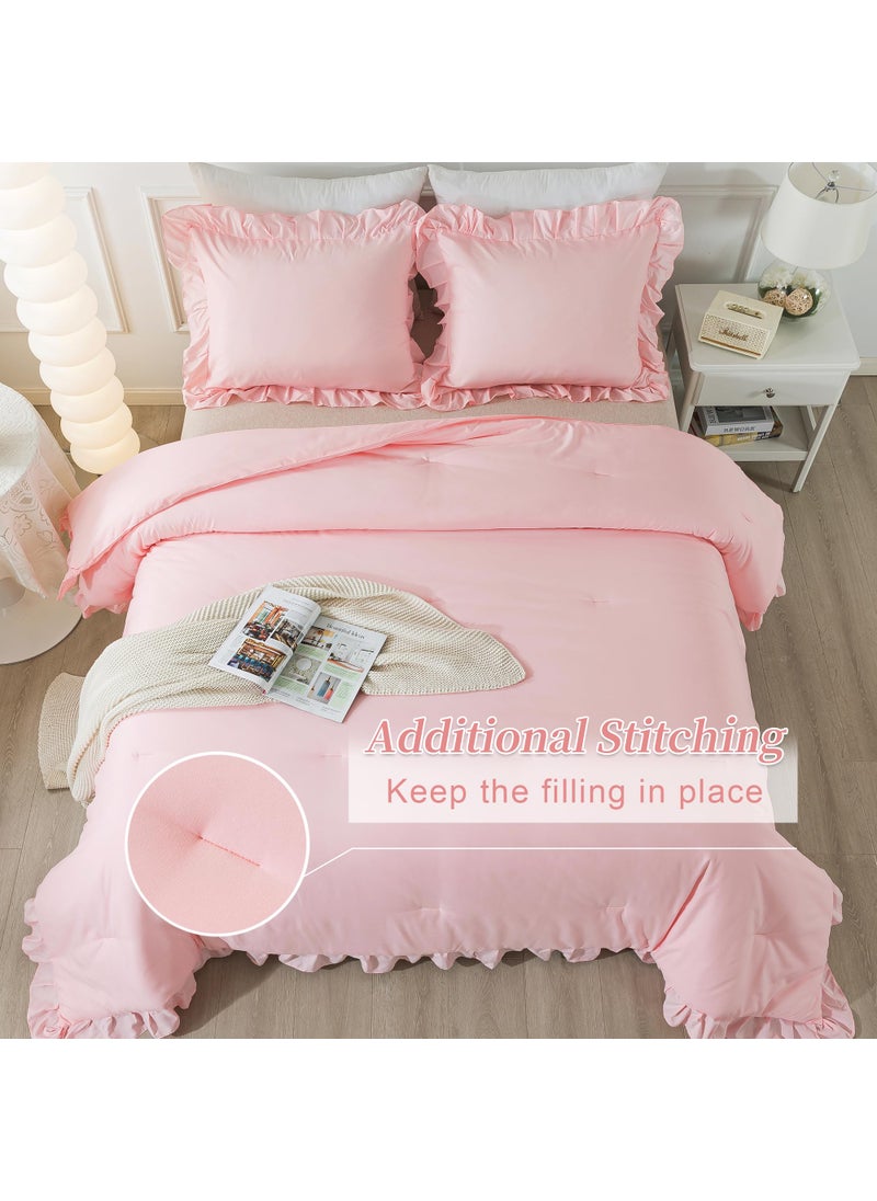 Andency Andency Pink Comforter Set Full  3 Pieces Lightweight Soft Rustic Pink Ruffle Comforter Women Girls  Solid Farmhouse Shabby Chic Microfiber Bedding Comforter Set  - Image 4