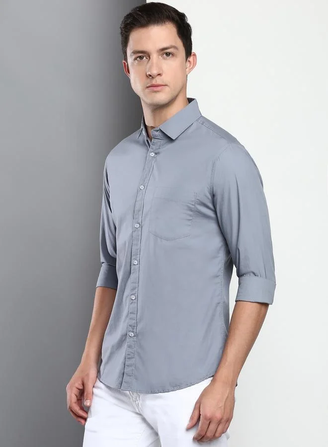 دينيس لينغو قميص رجالي كاجوال قطن أزرق داكن بقصة ضيقة