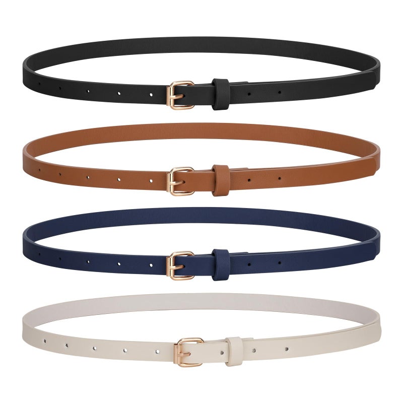 JASGOOD 4 Pack Skinny Women Leather Belt for Dresses Thin Waist Belt for Jeans Pants with Gold Buckle - Image 1