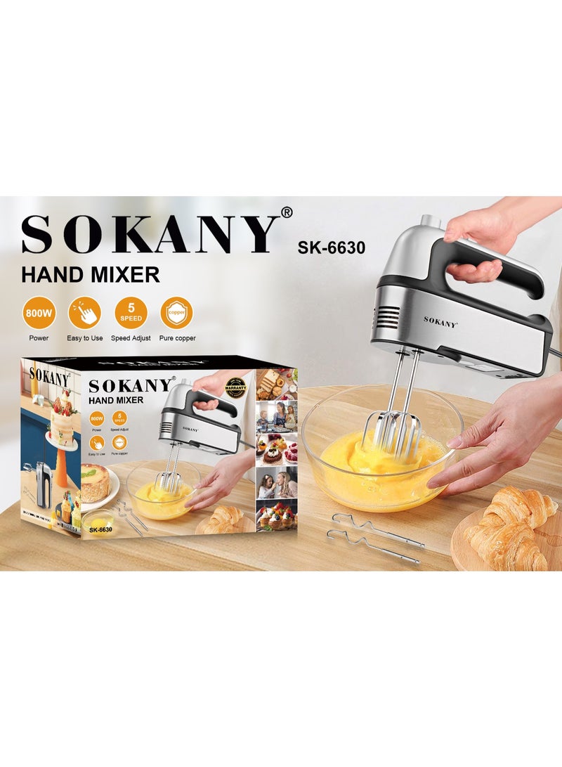 Sokany SK-6630 Stainless Steel Handheld Electric Egg Beater, 800W, with Egg Whisk and Pastry Maker, 5 Adjustable Speeds, Pure Copper Motor, Silver and Black - Image 3