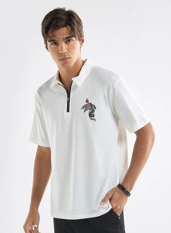 Splash FAV Typographic Print Polo T-shirt with Short Sleeves and Zip Closure