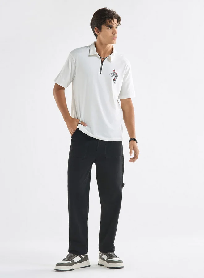 Splash FAV Typographic Print Polo T-shirt with Short Sleeves and Zip Closure